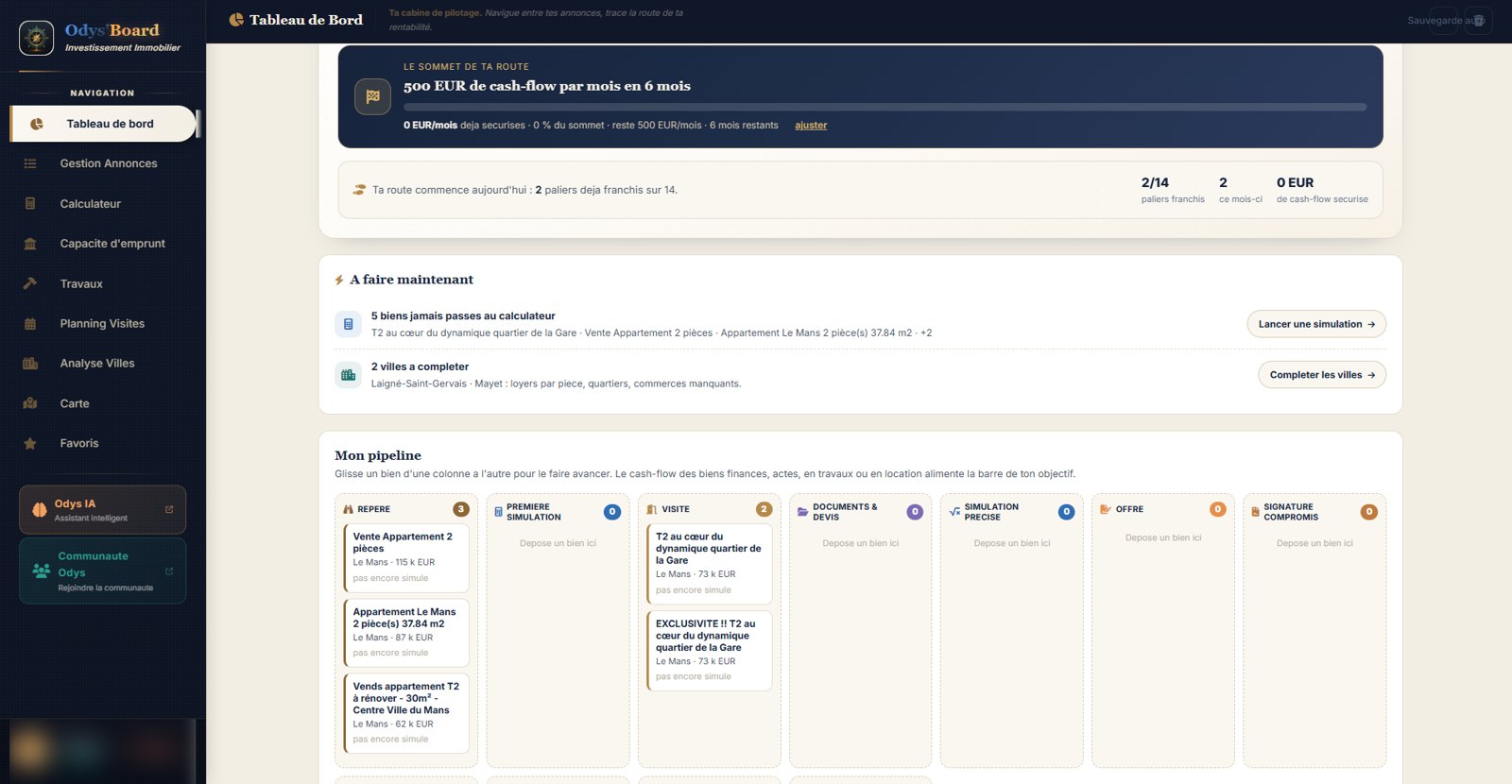 Tableau de bord Odys'Board : objectif de 500 euros de cash-flow par mois en 6 mois, actions à faire maintenant et pipeline des biens du repérage à la signature