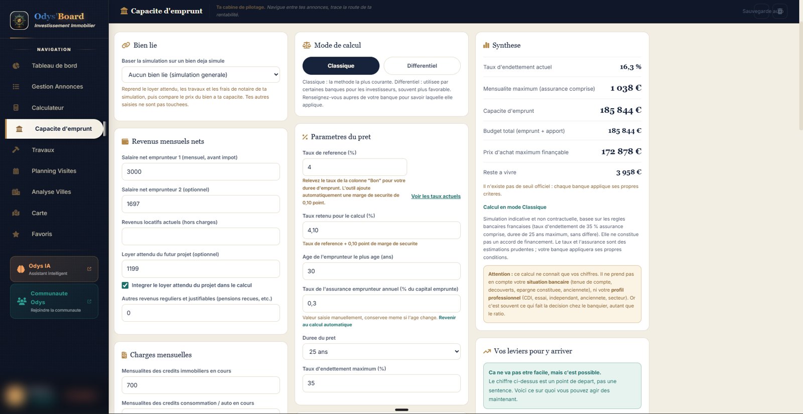 Capacité d'emprunt : revenus, charges, mode classique, paramètres du prêt et synthèse avec capacité, prix maximum finançable et reste à vivre