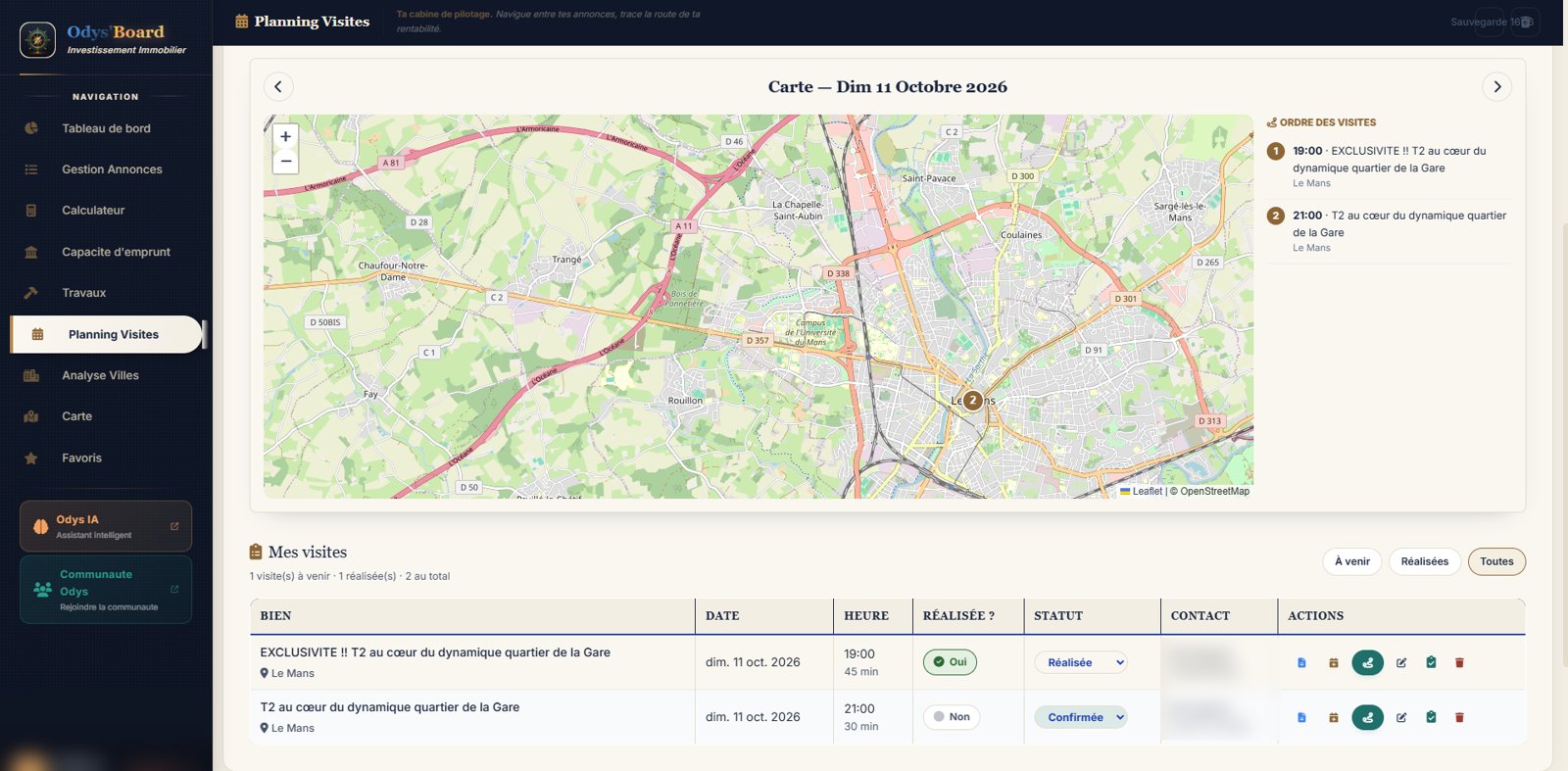 Planning des visites : carte du jour avec l'ordre des visites et liste des visites réalisées ou confirmées